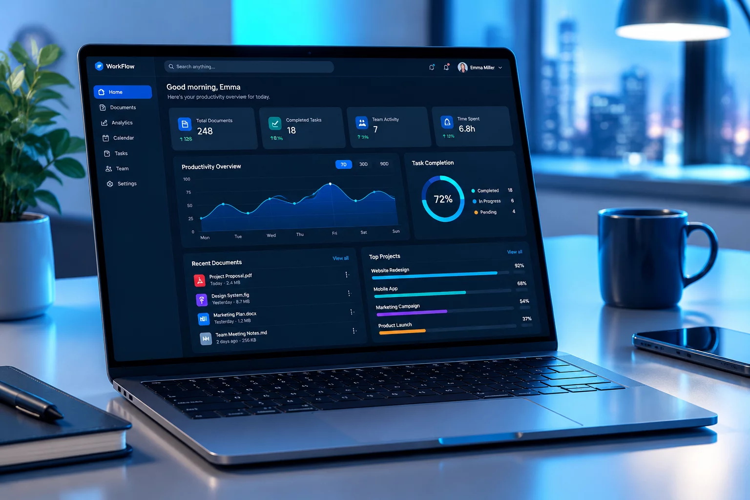 Interface de software moderno em um laptop